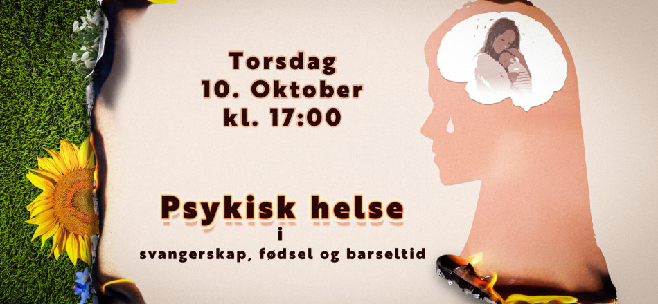 Illustrasjon av ei hode. Inni hodet ser vi tankane til ei mor som held eit spedbarn og er trist