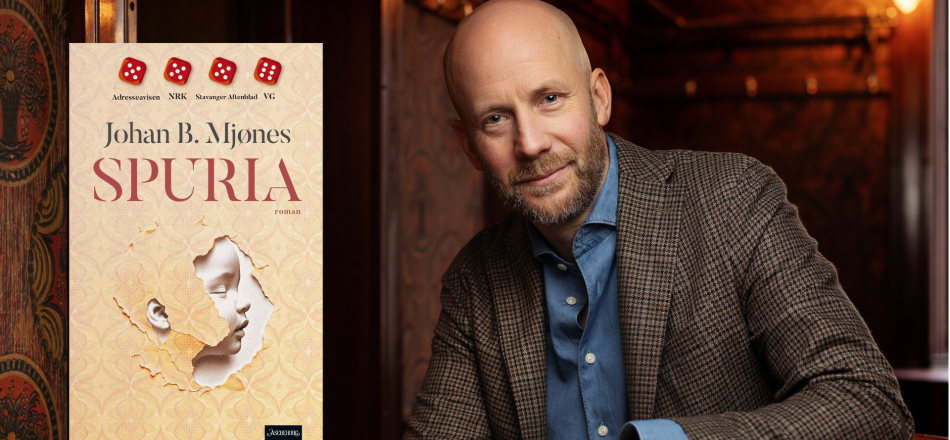 Bilete av forfattar Johan Mjønes og bokforsida til Spuria