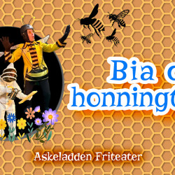 Askeladden friteater med Bia og honningtyven. To personer er utkledd som bier og en som birøkter